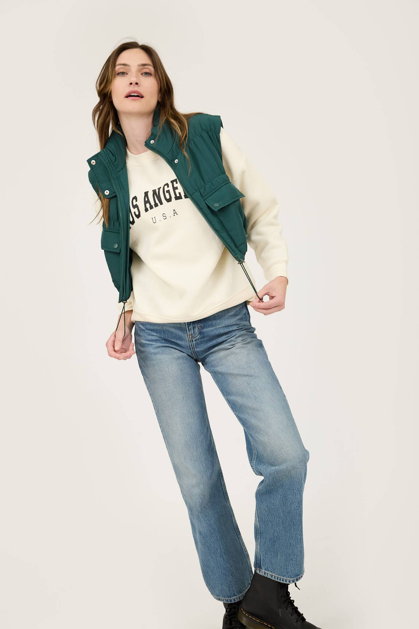 Blu Pepper HUNTER GREEN CROPPED ZIP UP CARGO PUFFER VEST