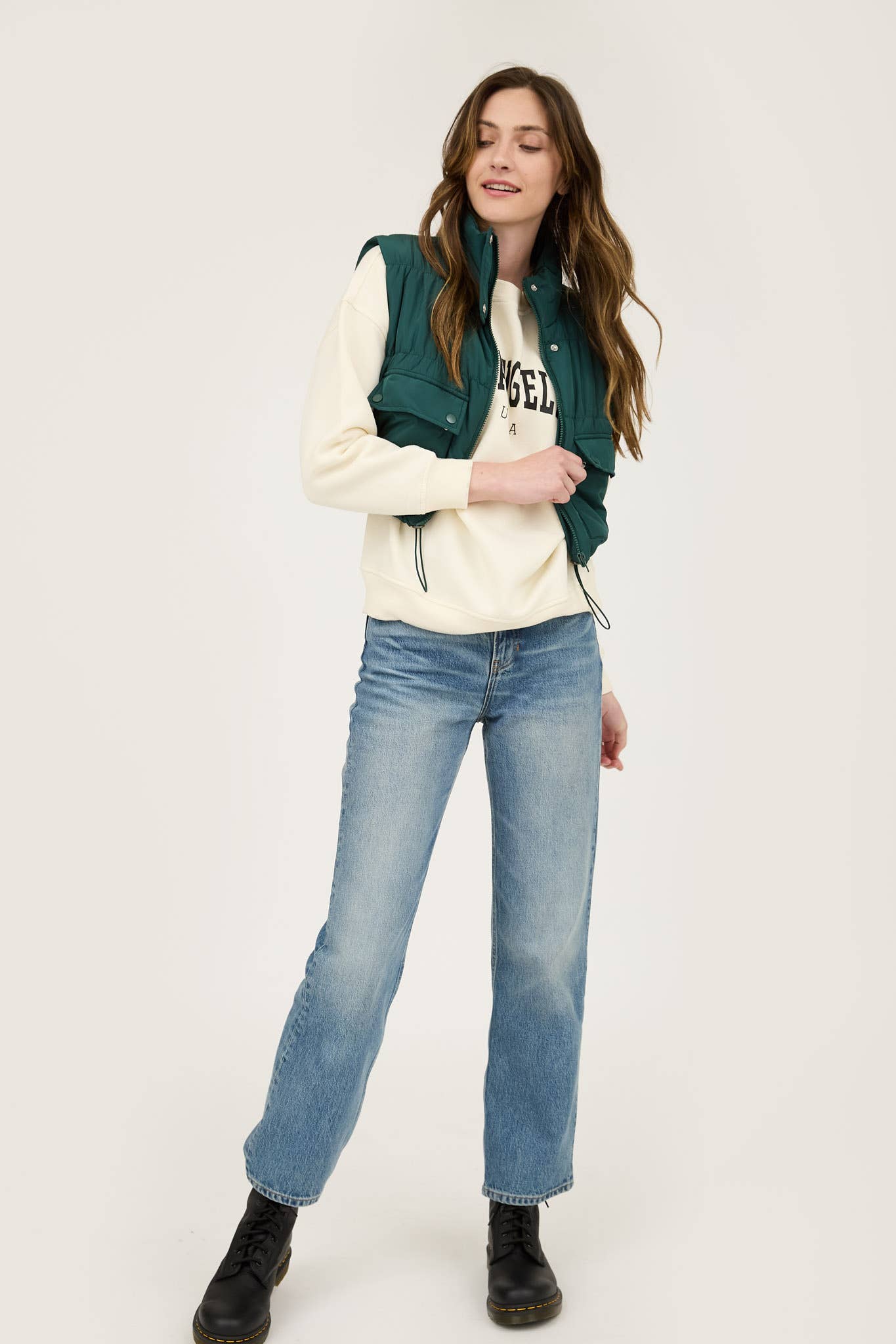 Blu Pepper HUNTER GREEN CROPPED ZIP UP CARGO PUFFER VEST