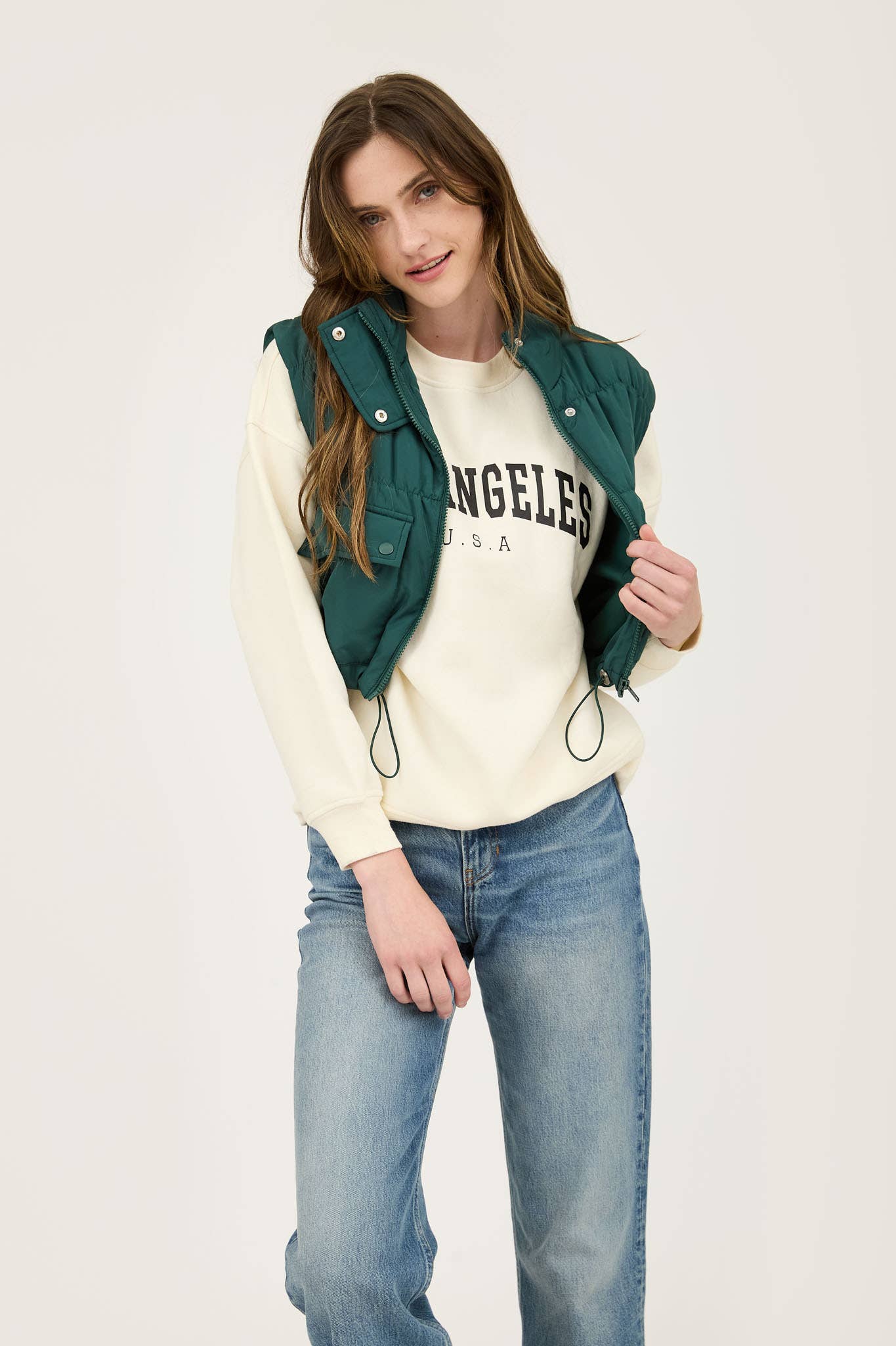 Blu Pepper HUNTER GREEN CROPPED ZIP UP CARGO PUFFER VEST