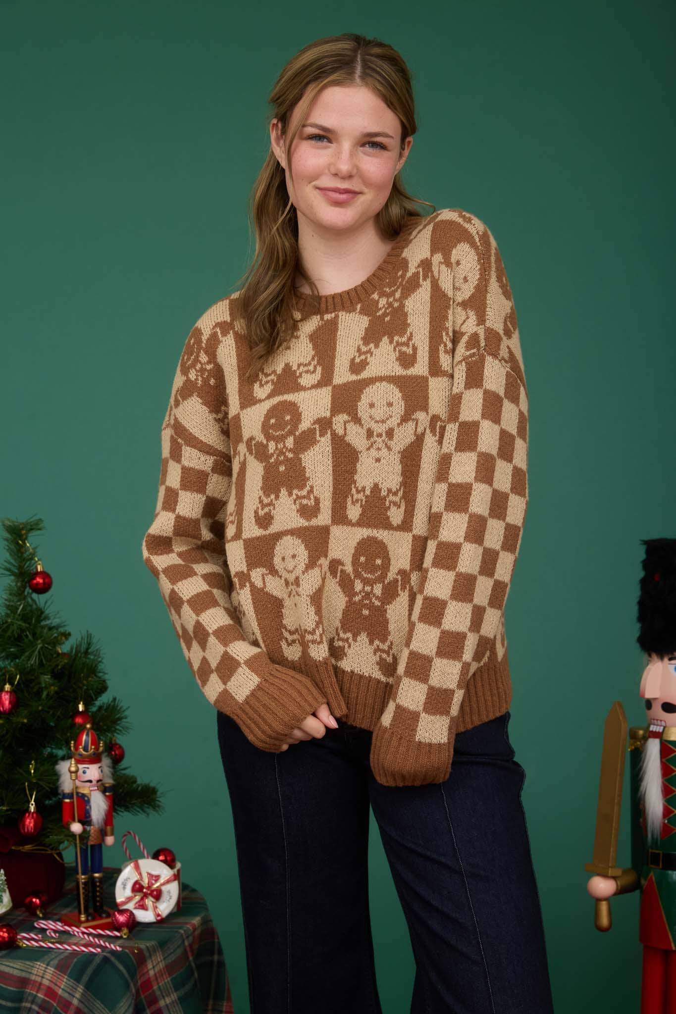 Blu Pepper KHAKI MULTI CHECKERED GINGERBREAD JACQUARD KNIT SWEATER