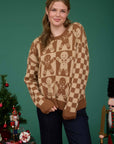 Blu Pepper KHAKI MULTI CHECKERED GINGERBREAD JACQUARD KNIT SWEATER