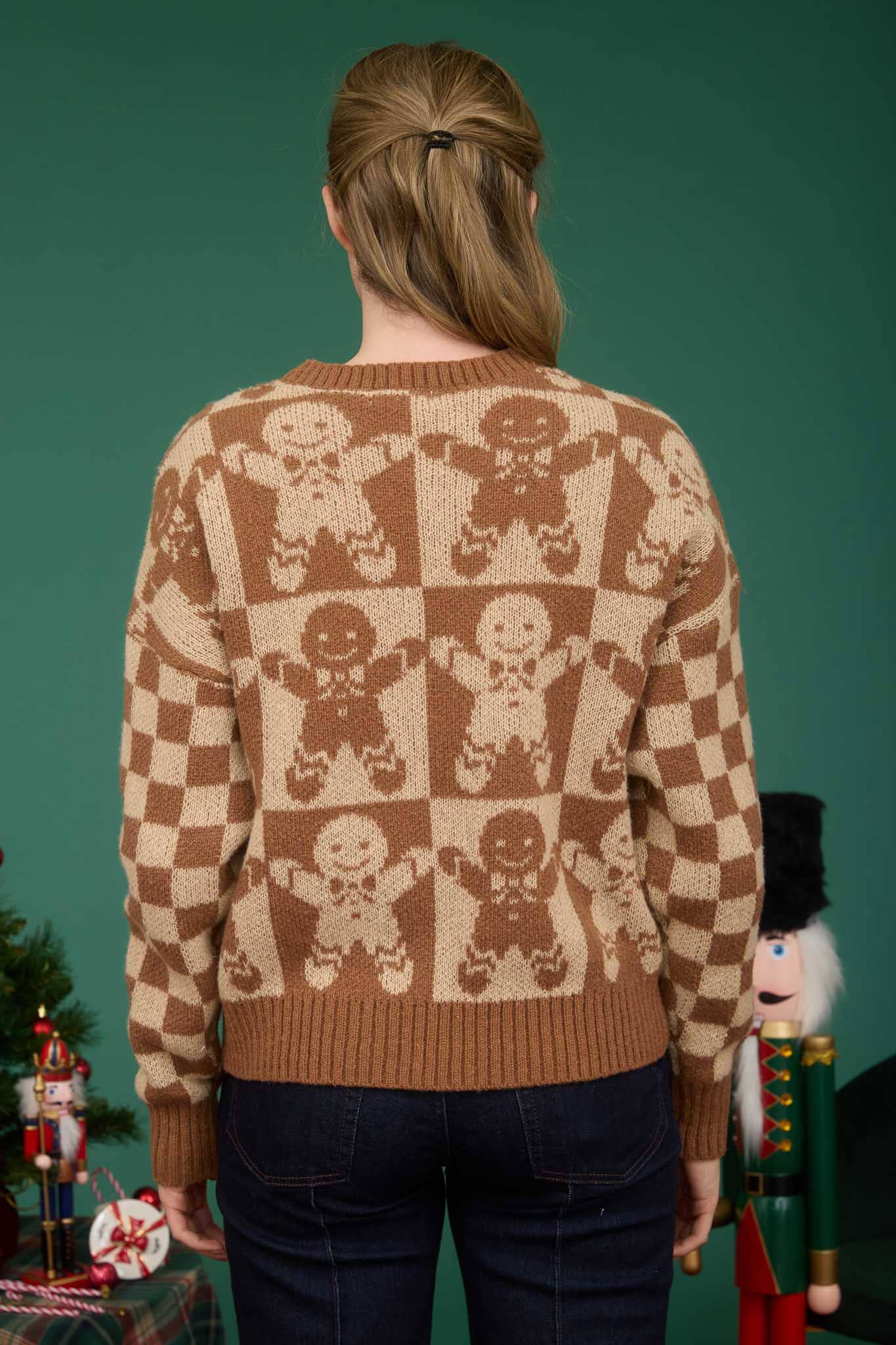 Blu Pepper KHAKI MULTI CHECKERED GINGERBREAD JACQUARD KNIT SWEATER