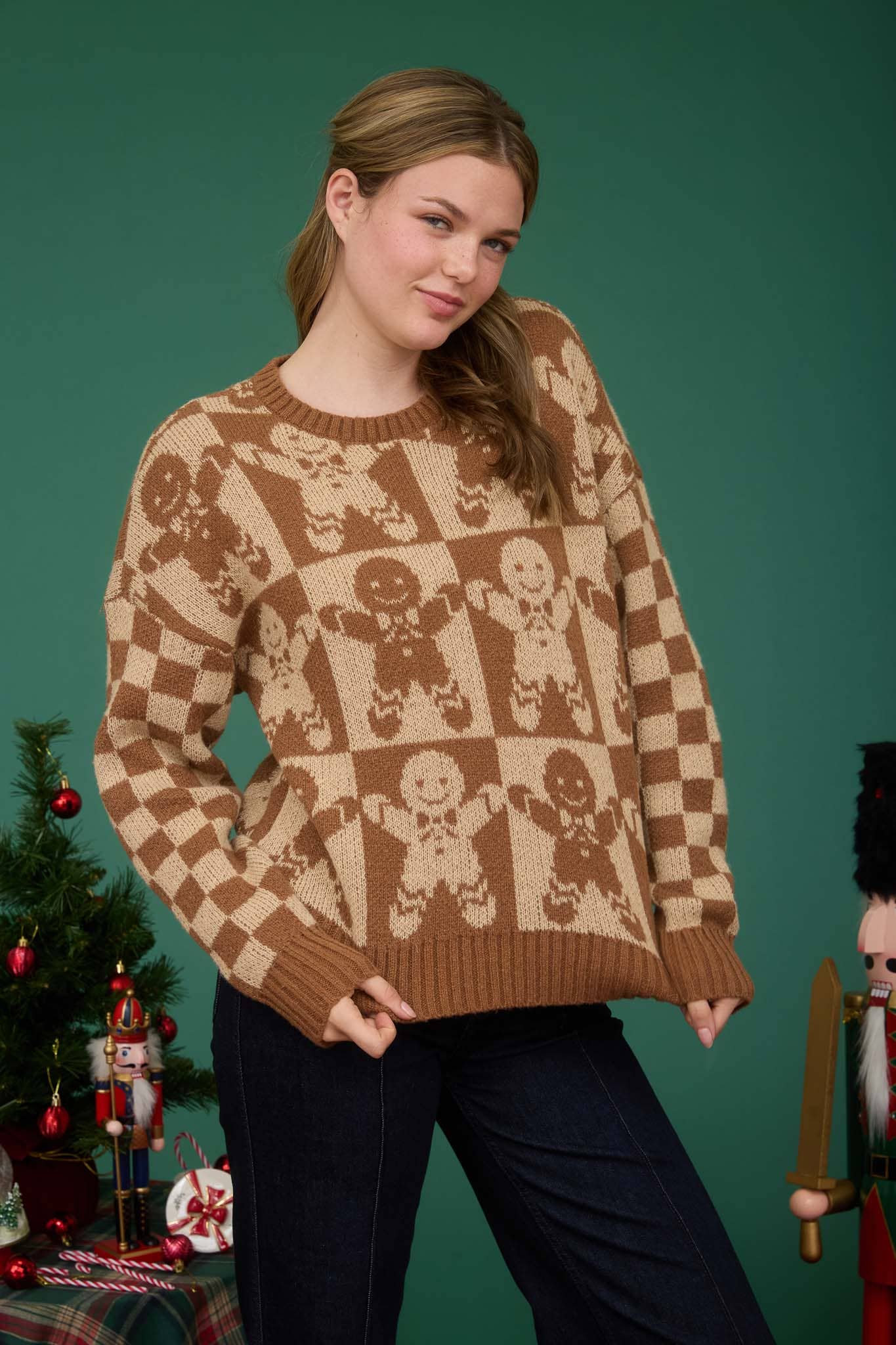 Blu Pepper KHAKI MULTI CHECKERED GINGERBREAD JACQUARD KNIT SWEATER