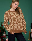 Blu Pepper KHAKI MULTI CHECKERED GINGERBREAD JACQUARD KNIT SWEATER