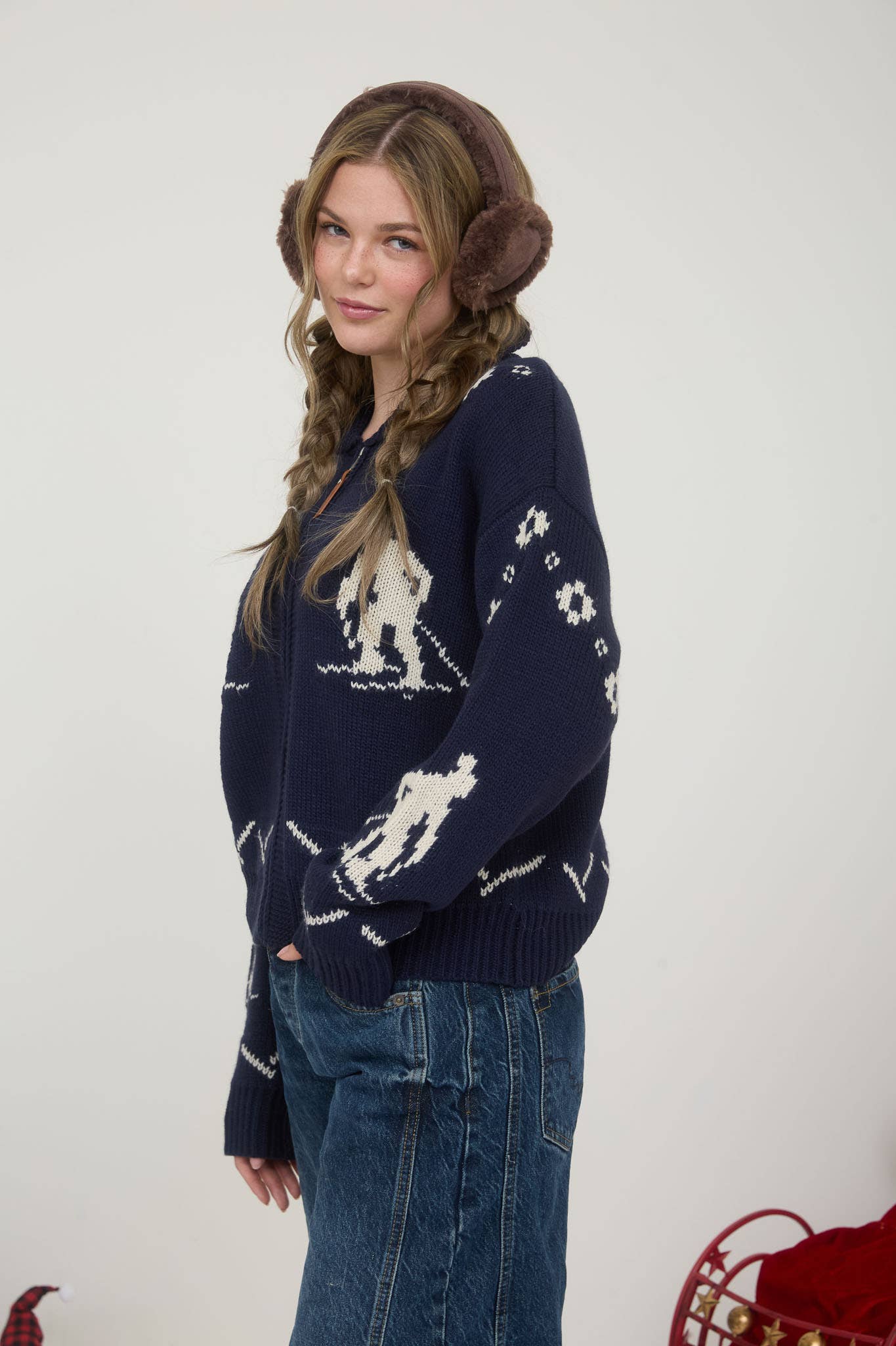 Blu Pepper NAVY SKI PATTERN SHAWL COLLAR ZIP-UP KNIT CARDIGAN