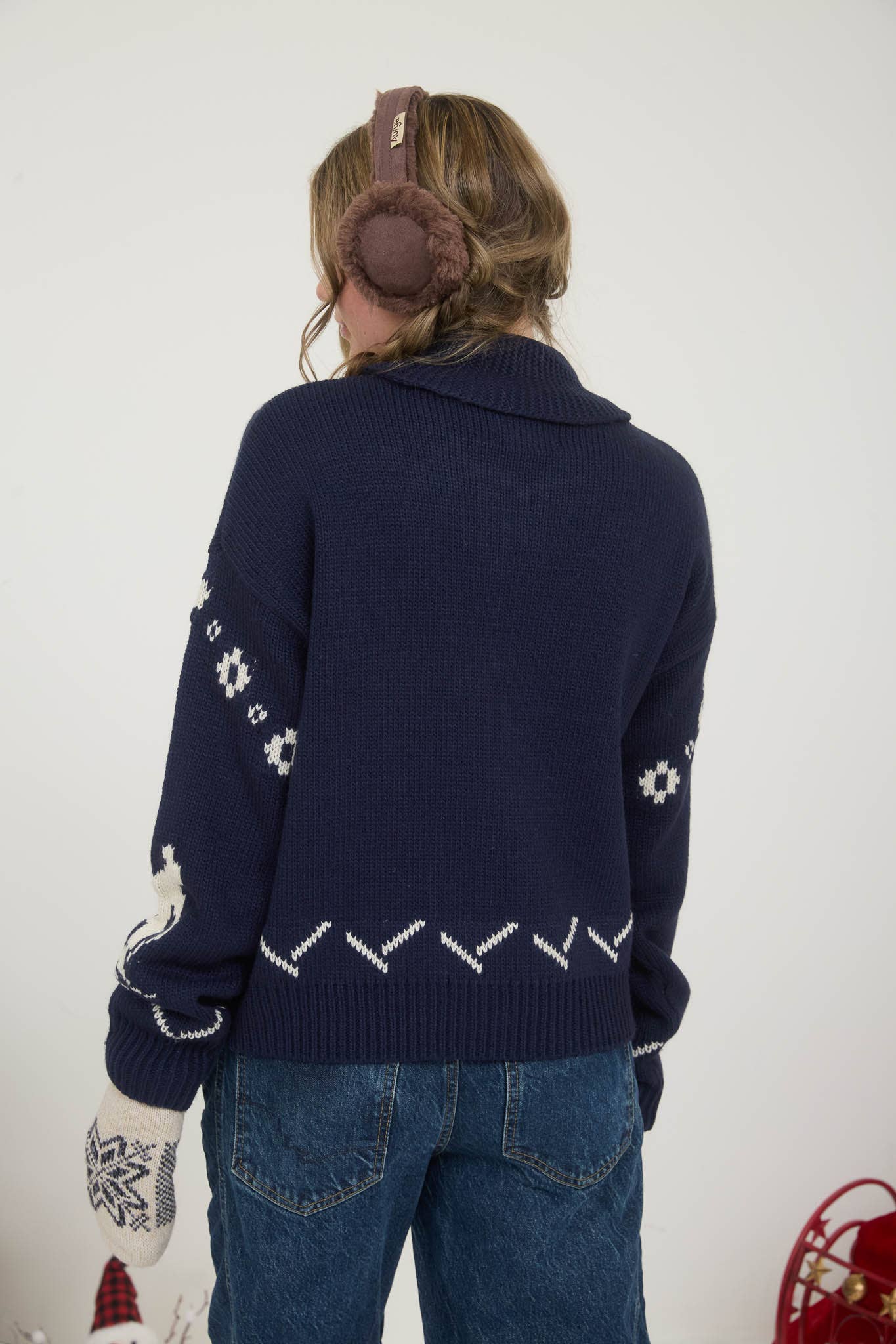 Blu Pepper NAVY SKI PATTERN SHAWL COLLAR ZIP-UP KNIT CARDIGAN