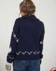 Blu Pepper NAVY SKI PATTERN SHAWL COLLAR ZIP-UP KNIT CARDIGAN