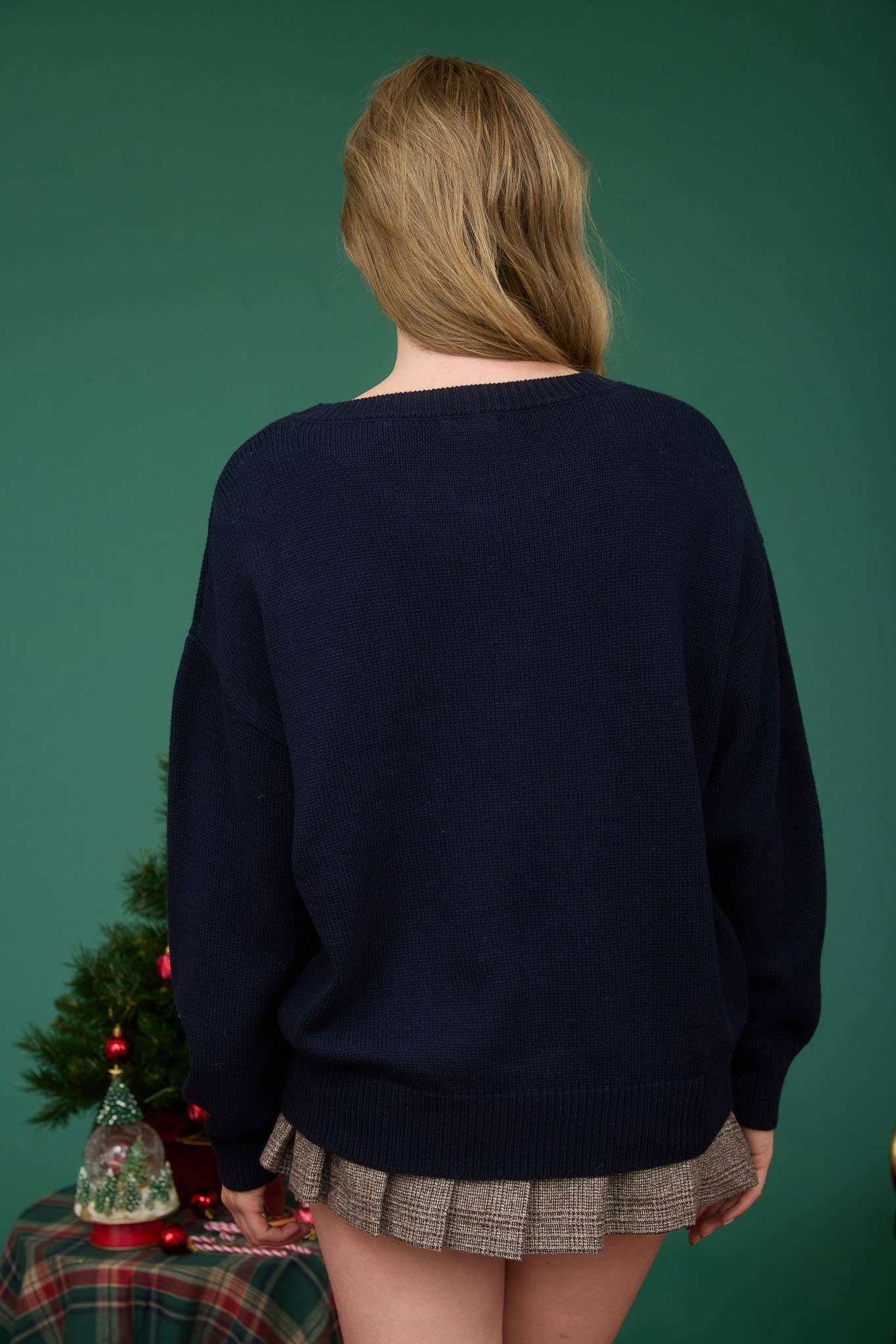 Blu Pepper NAVY TEDDY JACQUARD CREW NECK KNIT PULLOVER SWEATER
