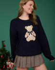Blu Pepper NAVY TEDDY JACQUARD CREW NECK KNIT PULLOVER SWEATER