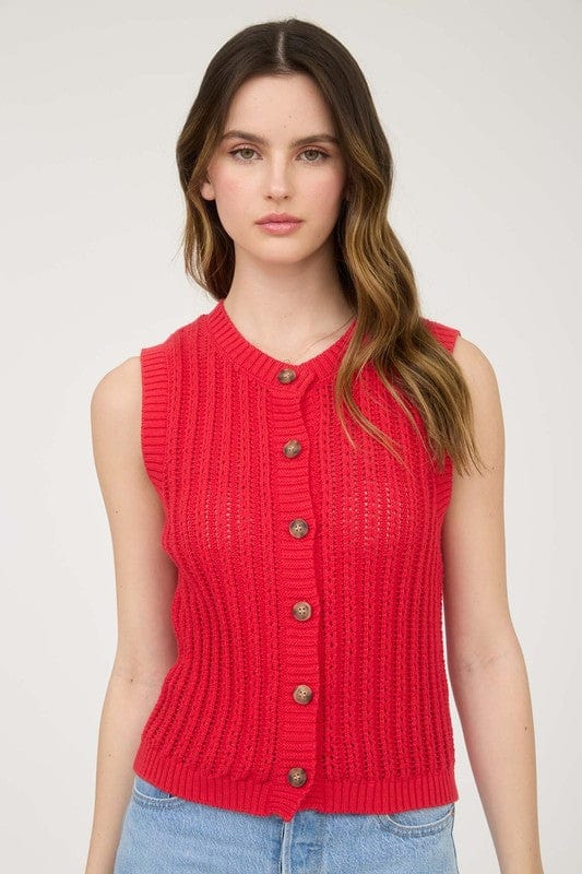 Blu Pepper Sweater Blu Pepper Crew Neck Sleeveless Knit Cardigan (Red)