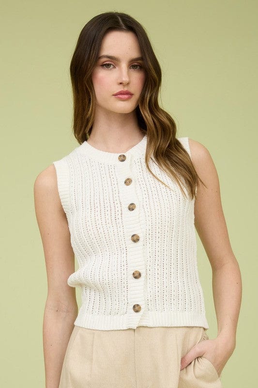 Blu Pepper Sweater Blu Pepper Crew Neck Sleeveless Knit Cardigan (White)