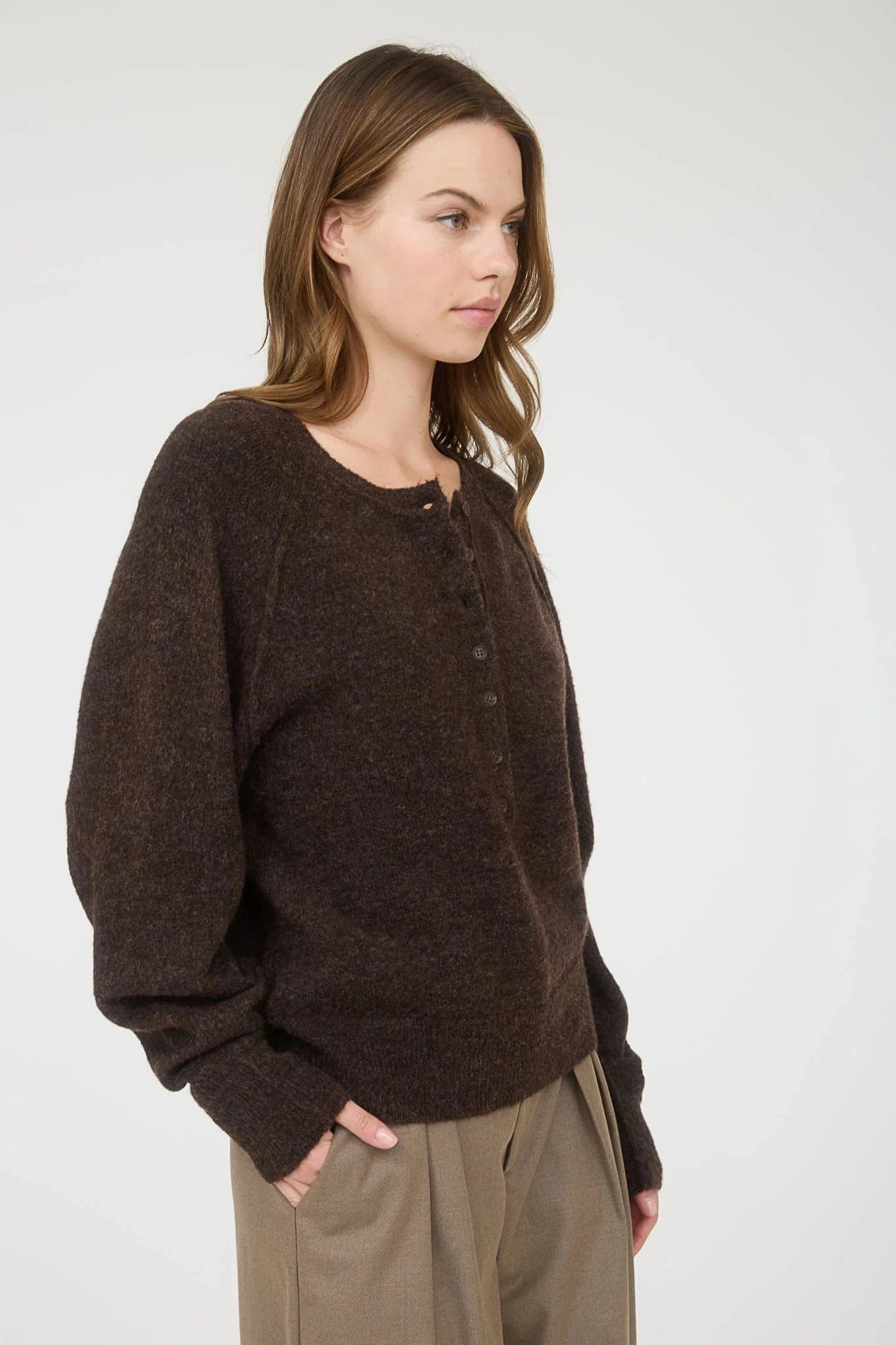 Blu Pepper Sweater Brown / Small Raglan Long Sleeve Henley Sweater