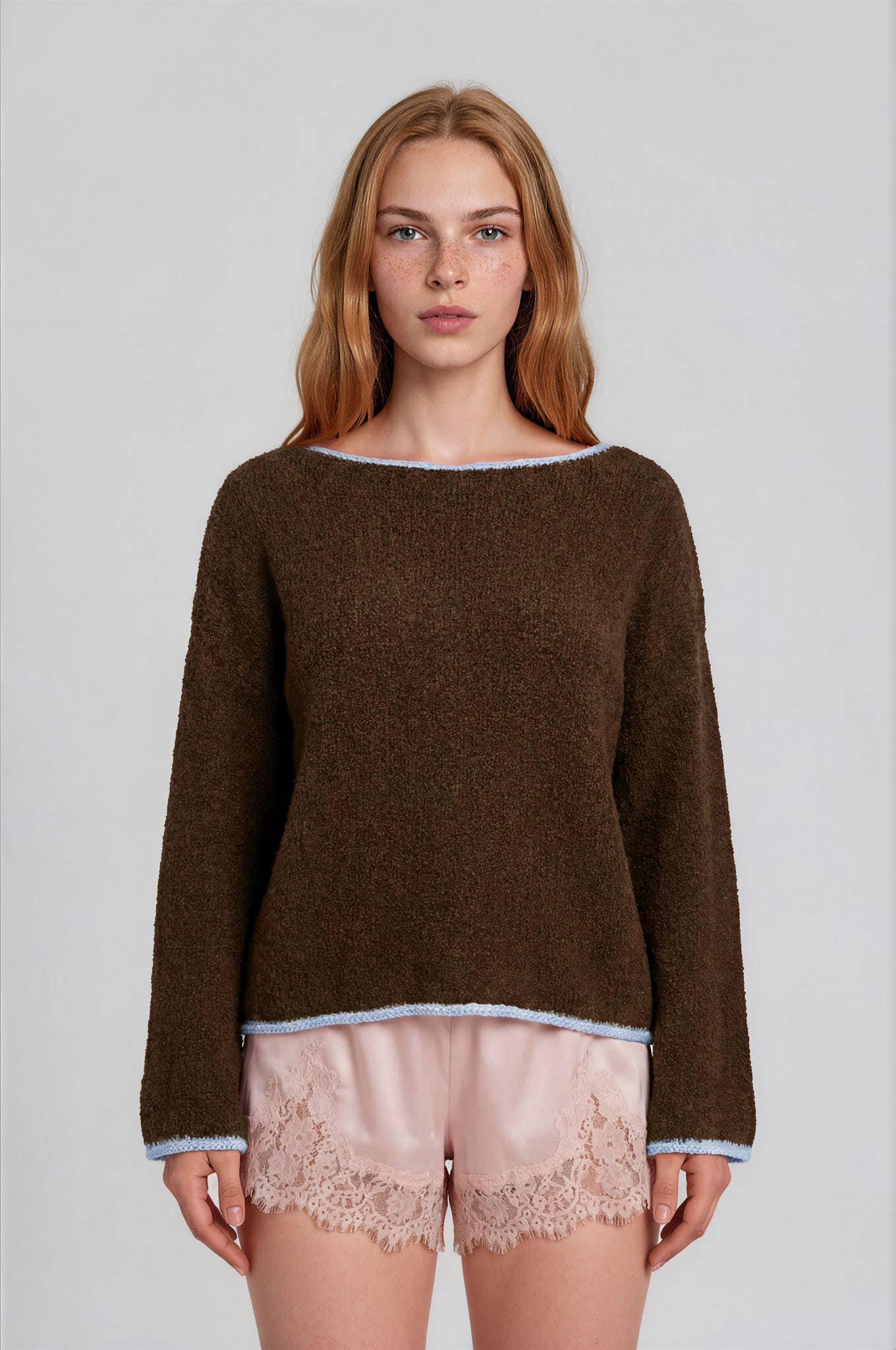 Blu Pepper Sweater CHOCOLATE BROWN BOAT NECK CONTRAST TRIM LONG SLEEVE KNIT SWEATER