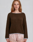 Blu Pepper Sweater CHOCOLATE BROWN BOAT NECK CONTRAST TRIM LONG SLEEVE KNIT SWEATER