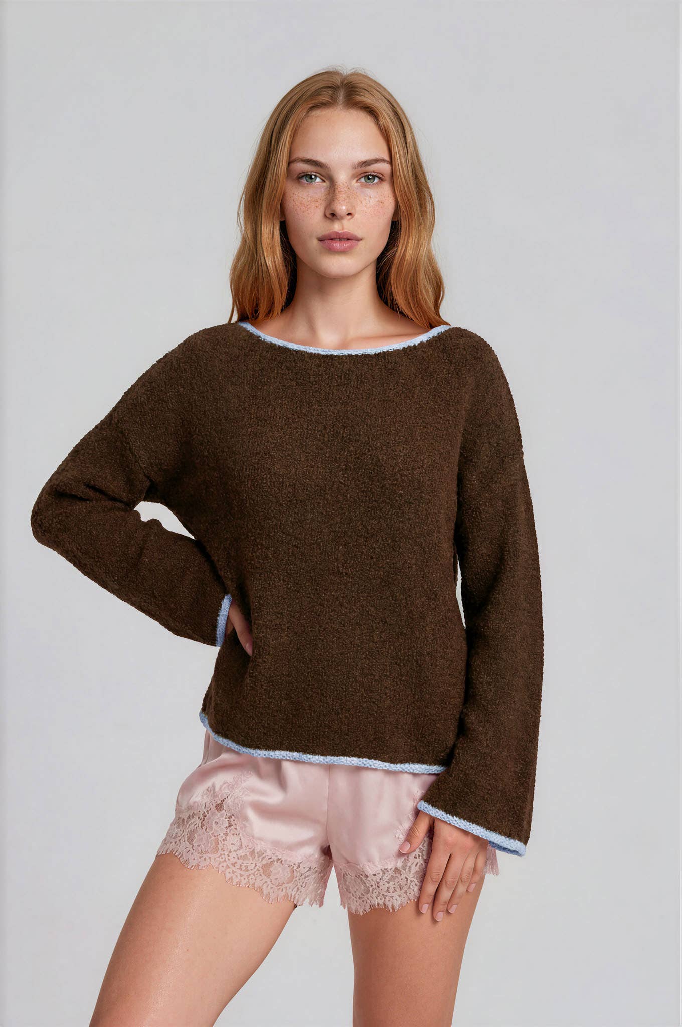 Blu Pepper Sweater CHOCOLATE BROWN BOAT NECK CONTRAST TRIM LONG SLEEVE KNIT SWEATER