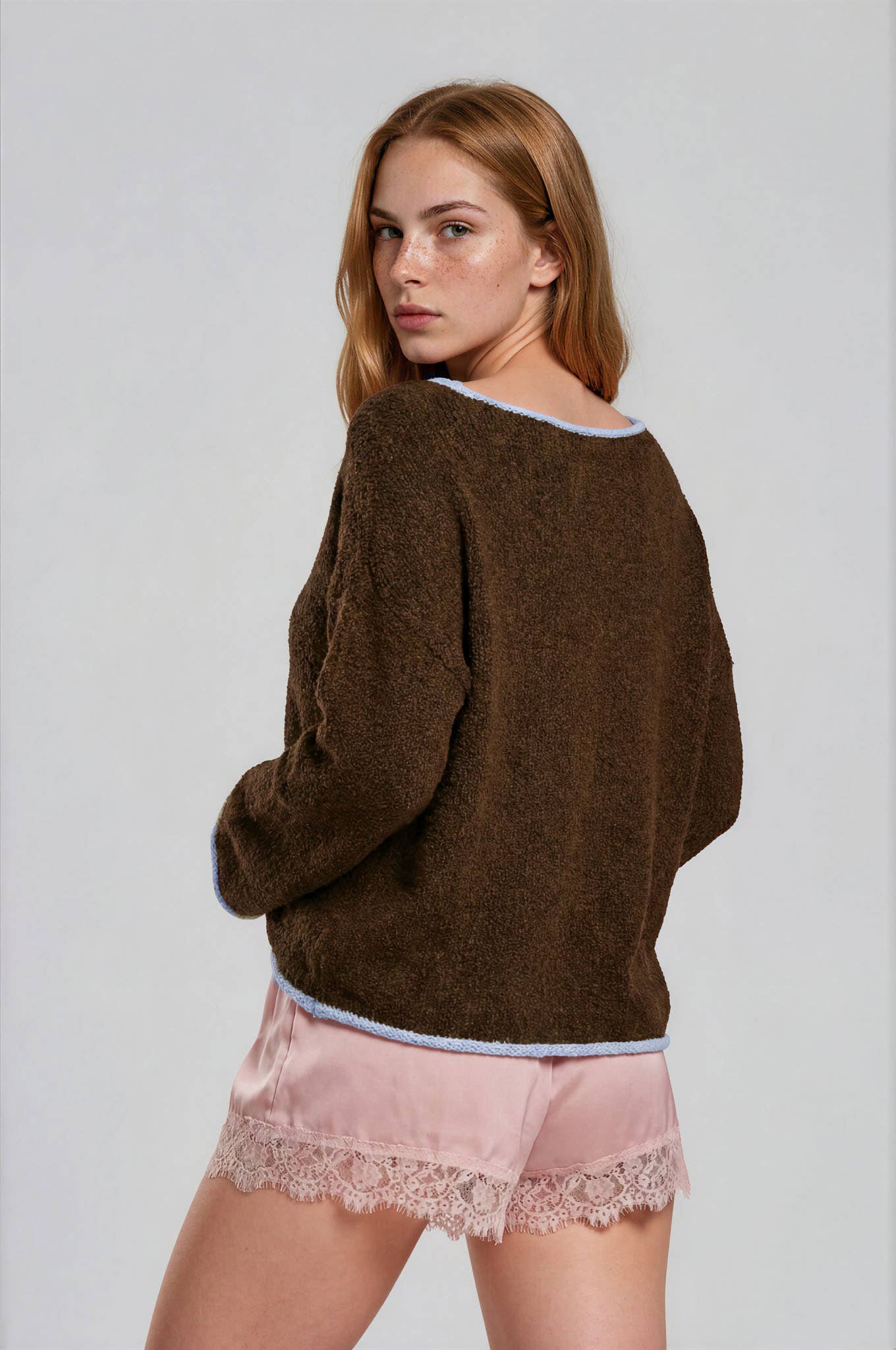 Blu Pepper Sweater CHOCOLATE BROWN BOAT NECK CONTRAST TRIM LONG SLEEVE KNIT SWEATER