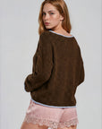 Blu Pepper Sweater CHOCOLATE BROWN BOAT NECK CONTRAST TRIM LONG SLEEVE KNIT SWEATER