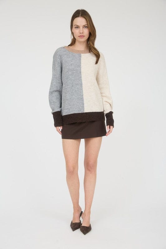 Blu Pepper Sweater Gray / Small Colorblock Front Seam Long Sleeve Knit Sweater