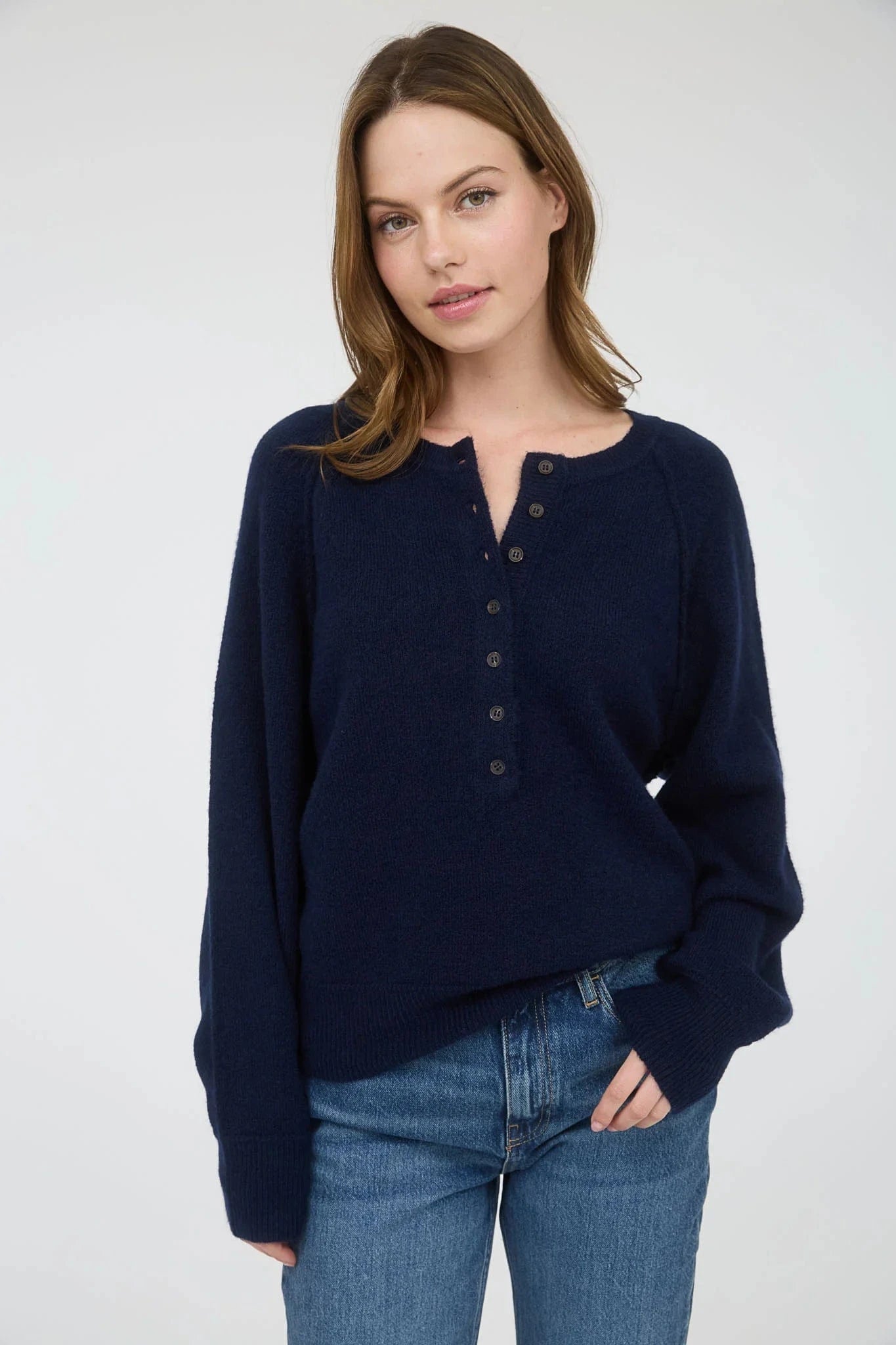 Blu Pepper Sweater Navy / Small Raglan Long Sleeve Henley Sweater