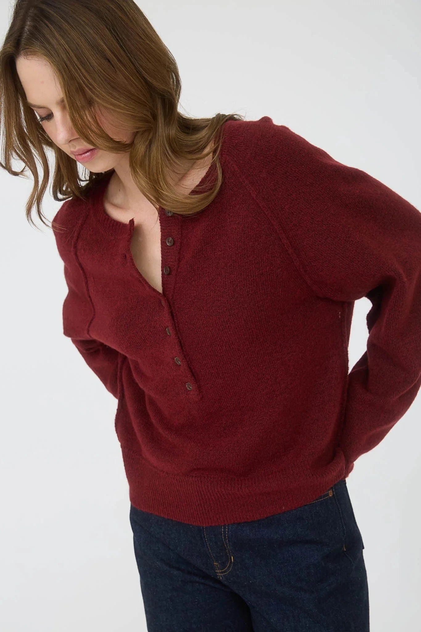 Blu Pepper Sweater Redwood / Small Raglan Long Sleeve Henley Sweater