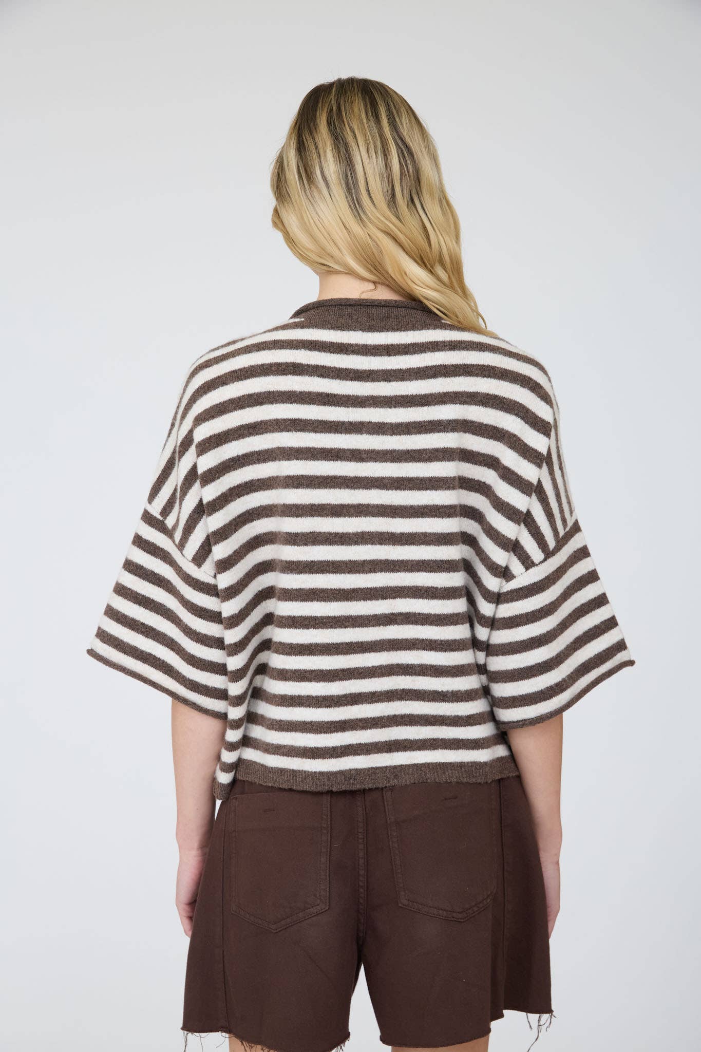 J.O.A CHOCOLATE BROWN STRIPE RAW EDGE SHORT SLEEVE BUTTON DOWN CARDIGAN