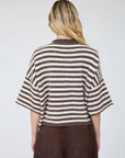 J.O.A CHOCOLATE BROWN STRIPE RAW EDGE SHORT SLEEVE BUTTON DOWN CARDIGAN