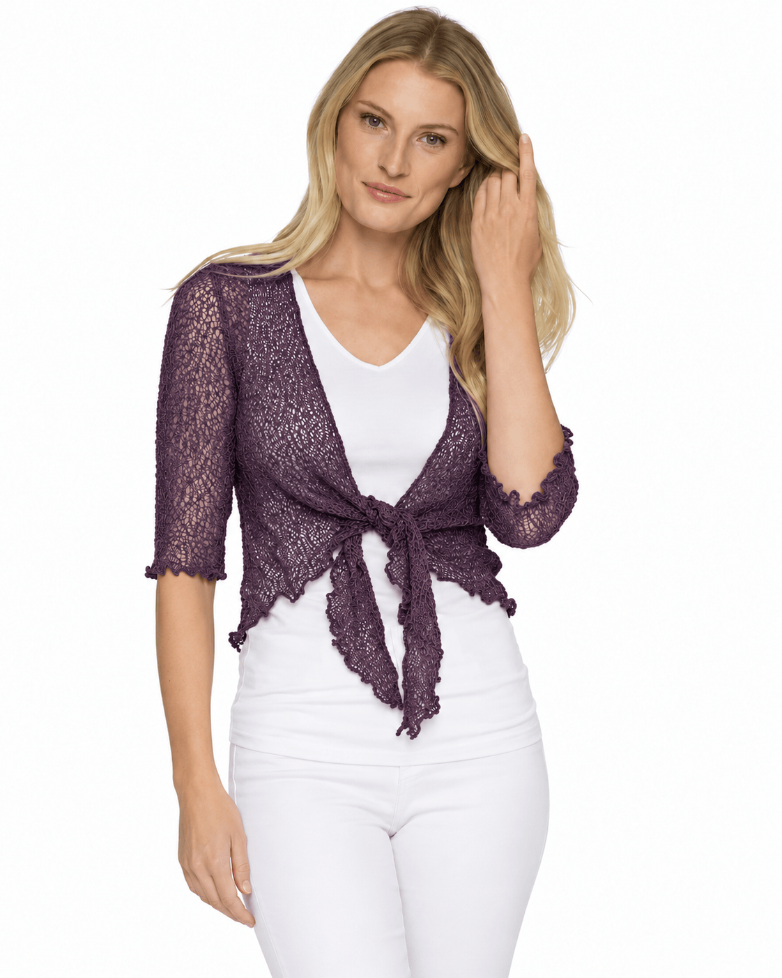 Haystacks shawl Lightweight Knit Cross Front Shrug - Eggplant