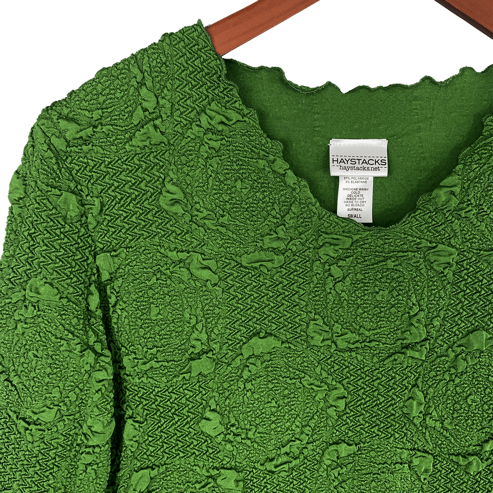 Haystacks top Palm Green Lyrac Jacquard Knit Surreal Top