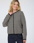 J.O.A BLACK STRIPE RAW EDGE BUTTON DOWN LONG SLEEVE CARDIGAN