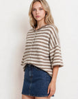 J.O.A CHOCOLATE BROWN STRIPE RAW EDGE SHORT SLEEVE BUTTON DOWN CARDIGAN