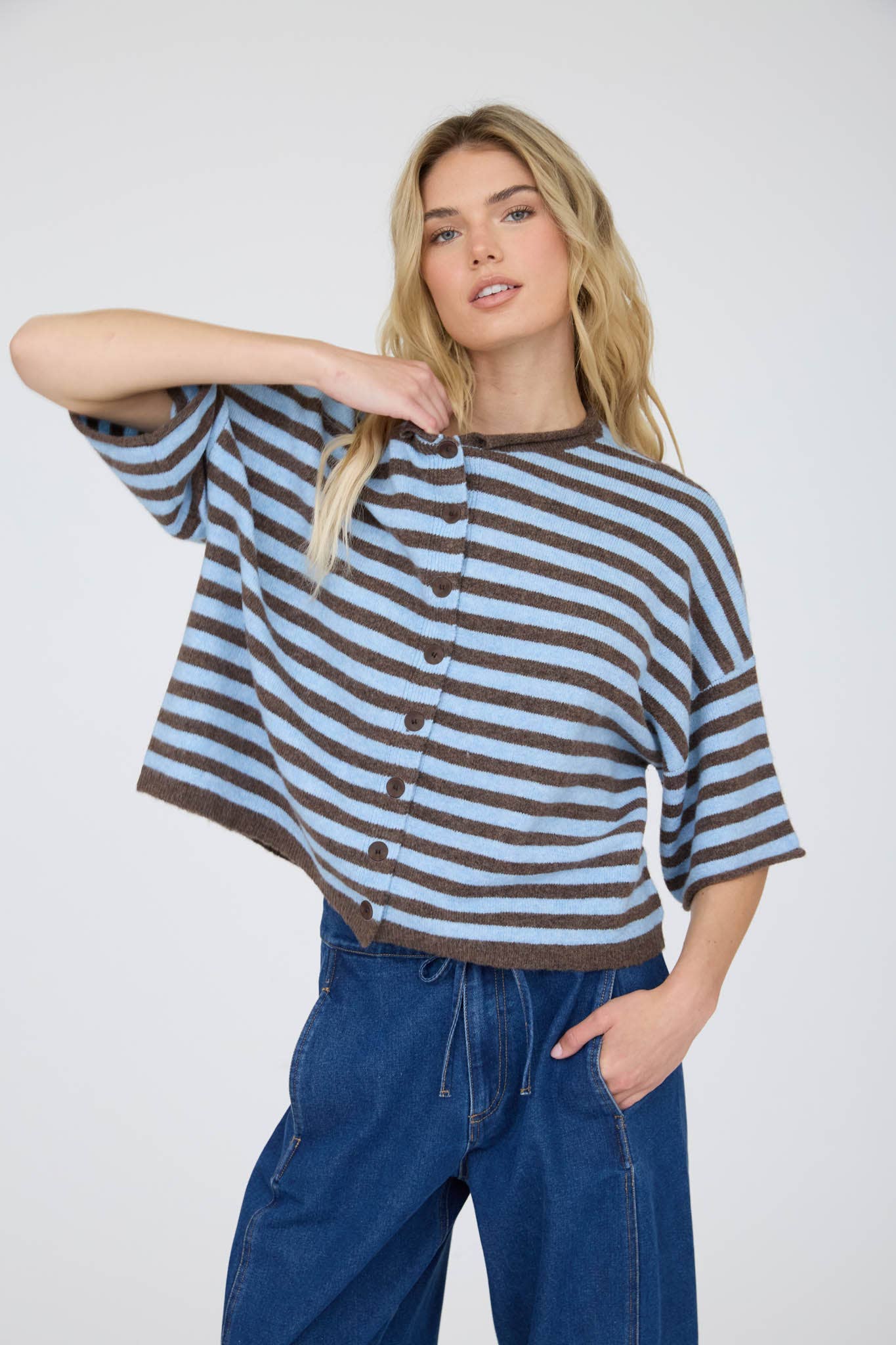 J.O.A CHOCOLATE BROWN STRIPE RAW EDGE SHORT SLEEVE BUTTON DOWN CARDIGAN