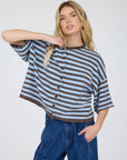J.O.A CHOCOLATE BROWN STRIPE RAW EDGE SHORT SLEEVE BUTTON DOWN CARDIGAN