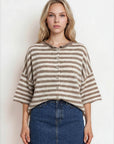 J.O.A CHOCOLATE BROWN STRIPE RAW EDGE SHORT SLEEVE BUTTON DOWN CARDIGAN