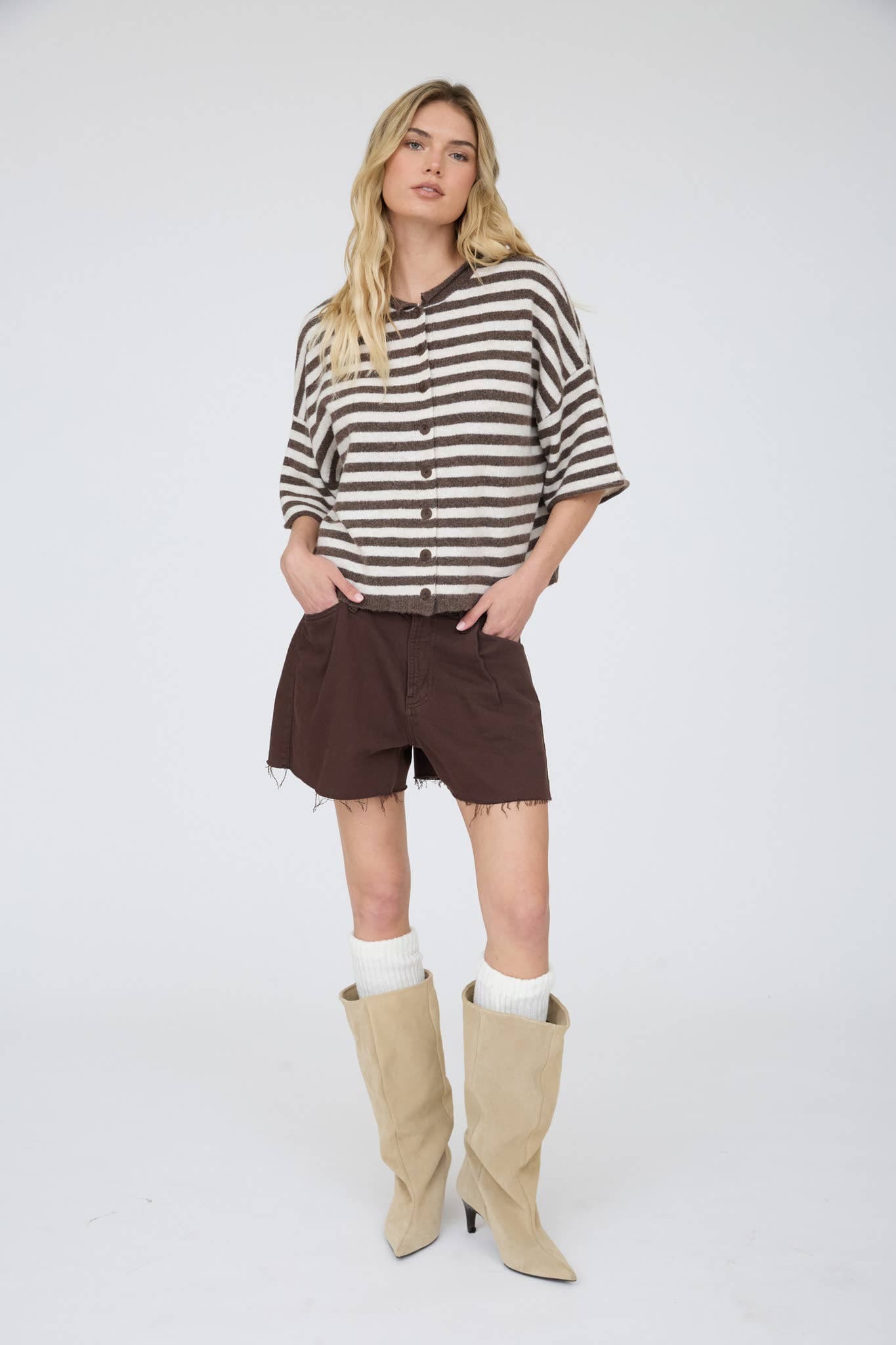 J.O.A CHOCOLATE BROWN STRIPE RAW EDGE SHORT SLEEVE BUTTON DOWN CARDIGAN