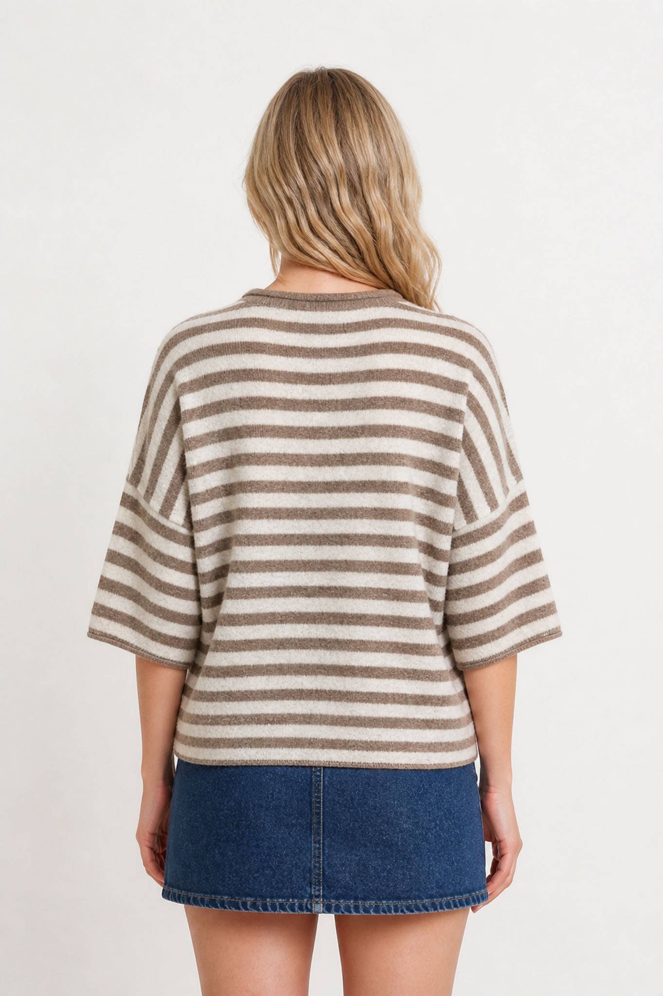 J.O.A CHOCOLATE BROWN STRIPE RAW EDGE SHORT SLEEVE BUTTON DOWN CARDIGAN