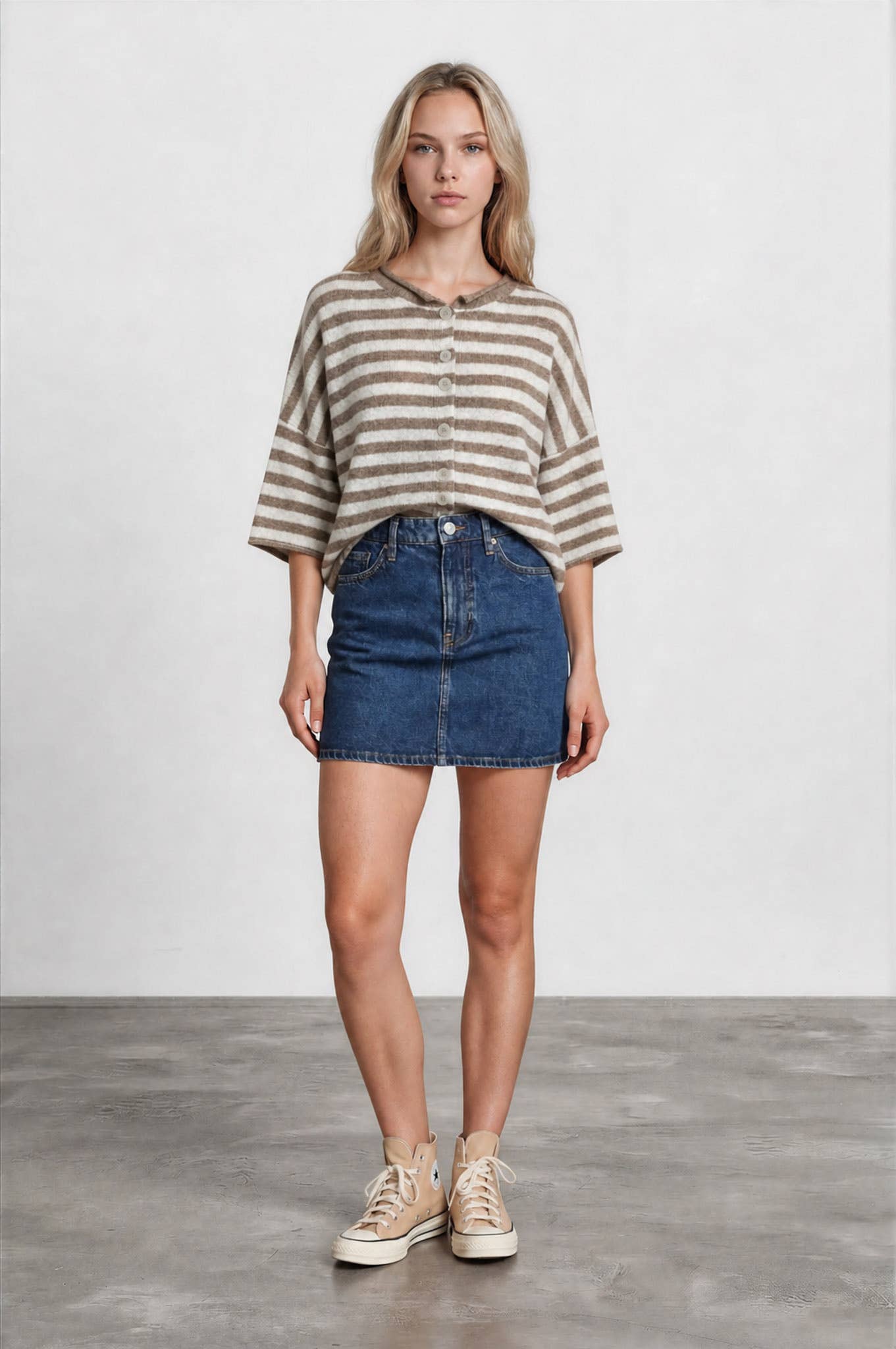 J.O.A CHOCOLATE BROWN STRIPE RAW EDGE SHORT SLEEVE BUTTON DOWN CARDIGAN