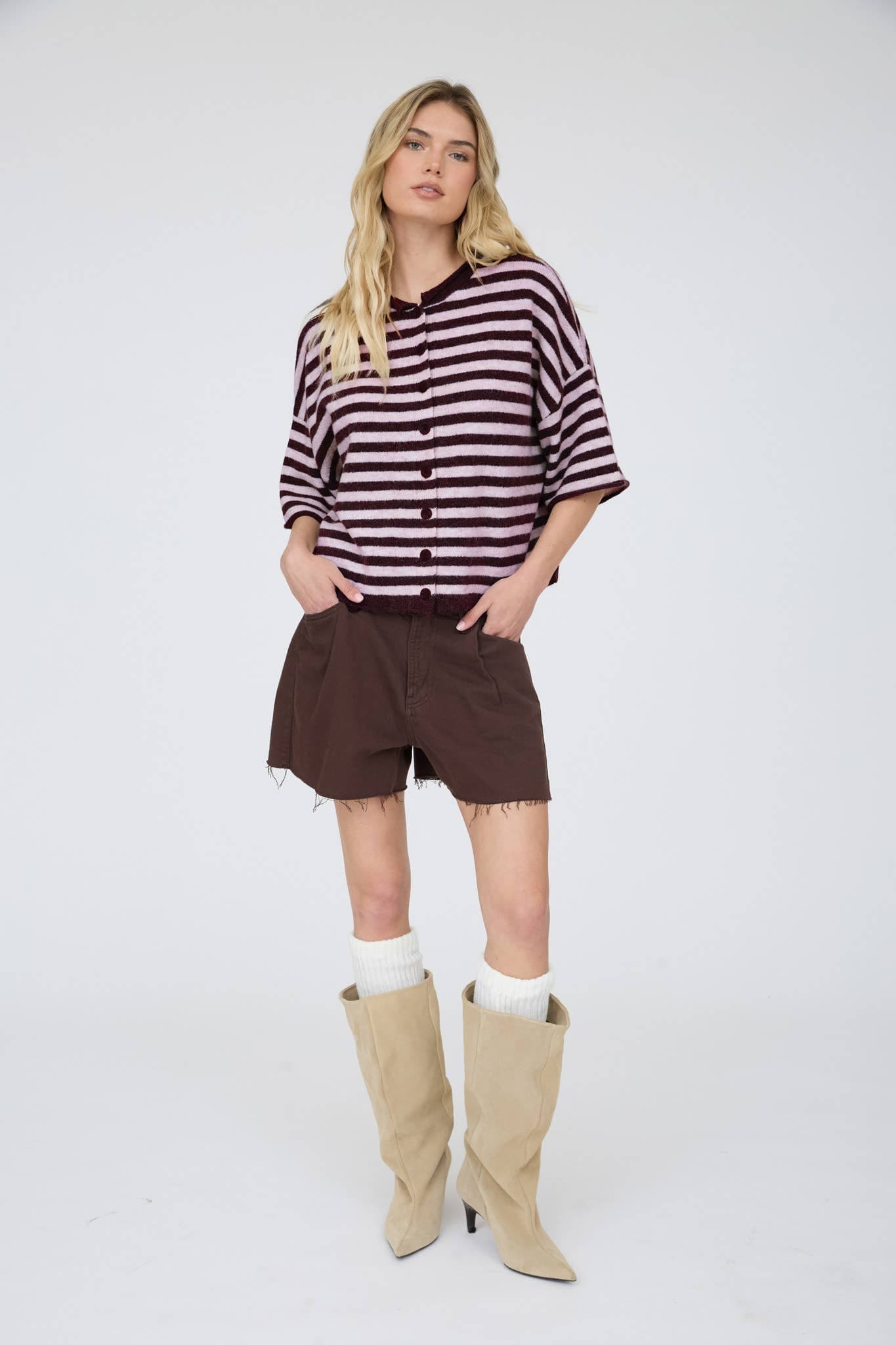 J.O.A CHOCOLATE BROWN STRIPE RAW EDGE SHORT SLEEVE BUTTON DOWN CARDIGAN