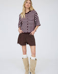 J.O.A CHOCOLATE BROWN STRIPE RAW EDGE SHORT SLEEVE BUTTON DOWN CARDIGAN