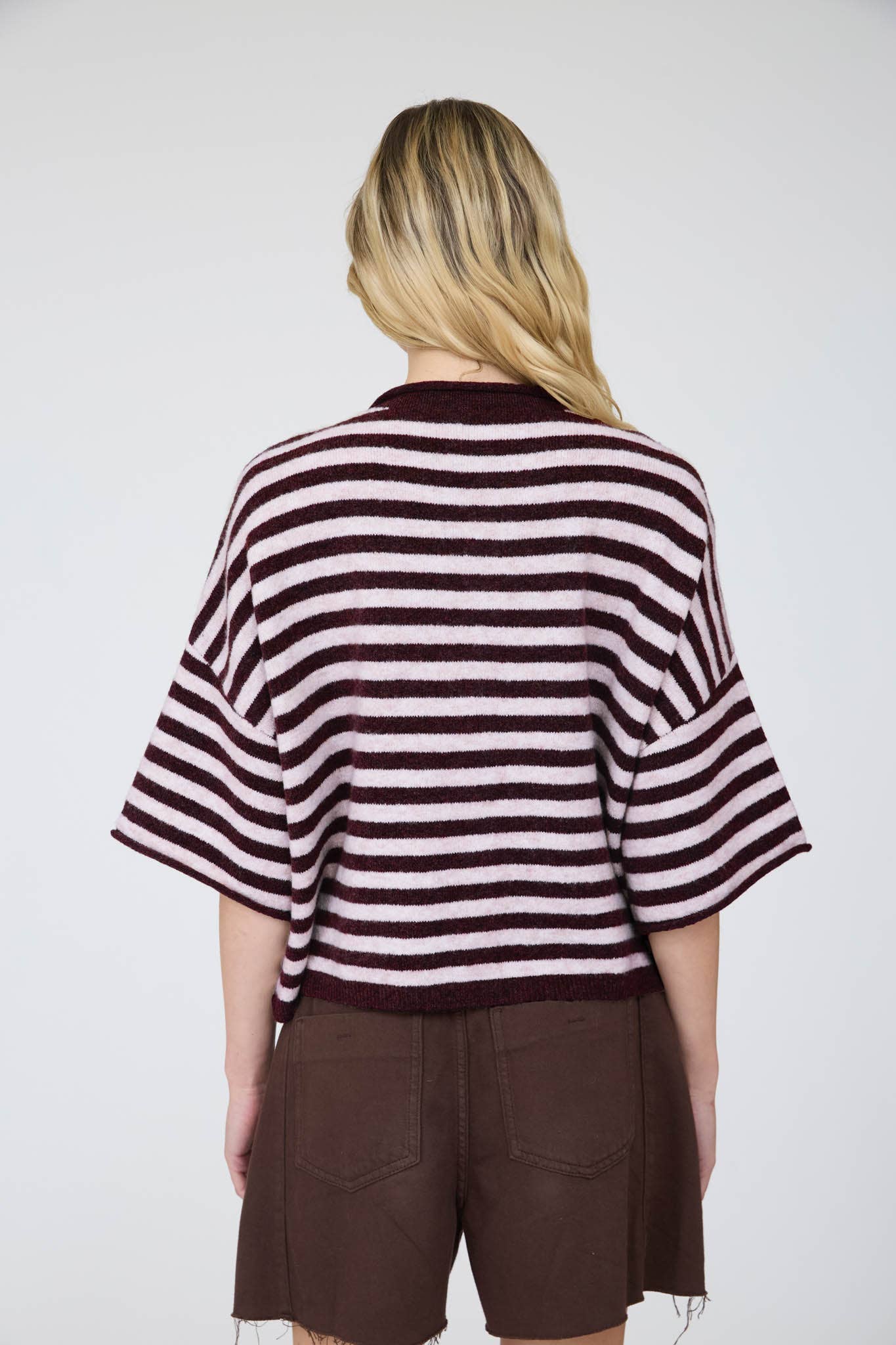 J.O.A CHOCOLATE BROWN STRIPE RAW EDGE SHORT SLEEVE BUTTON DOWN CARDIGAN