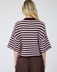 J.O.A CHOCOLATE BROWN STRIPE RAW EDGE SHORT SLEEVE BUTTON DOWN CARDIGAN