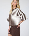 J.O.A CHOCOLATE BROWN STRIPE RAW EDGE SHORT SLEEVE BUTTON DOWN CARDIGAN