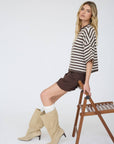 J.O.A CHOCOLATE BROWN STRIPE RAW EDGE SHORT SLEEVE BUTTON DOWN CARDIGAN