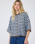 J.O.A CHOCOLATE BROWN STRIPE RAW EDGE SHORT SLEEVE BUTTON DOWN CARDIGAN