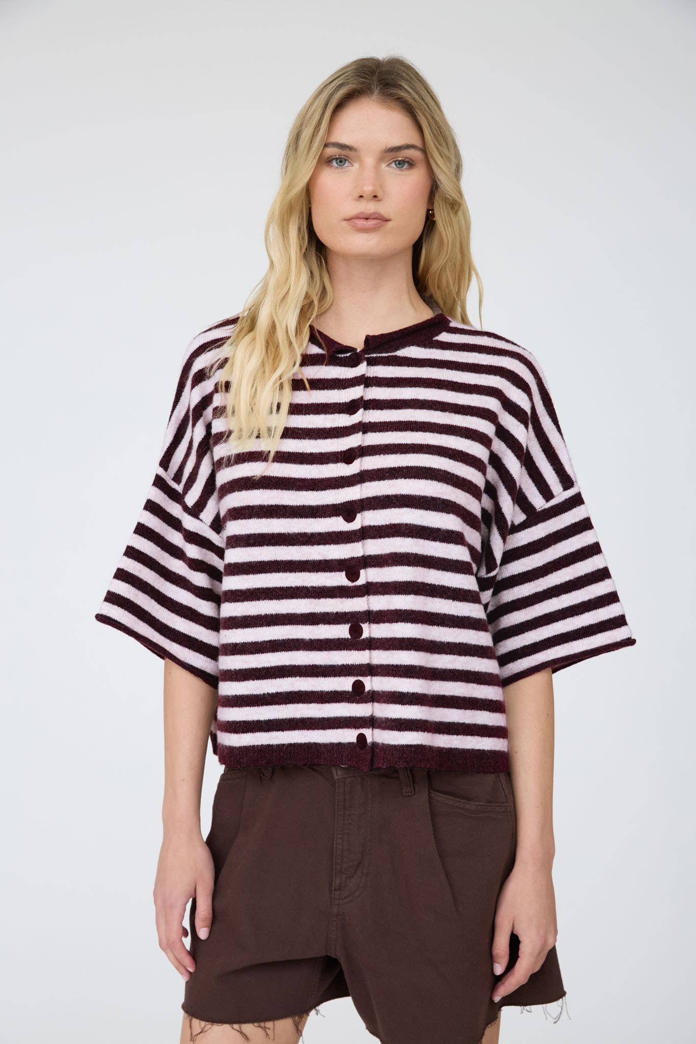 J.O.A CHOCOLATE BROWN STRIPE RAW EDGE SHORT SLEEVE BUTTON DOWN CARDIGAN