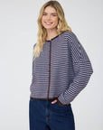 J.O.A DARK BROWN STRIPE RAW EDGE BUTTON DOWN LONG SLEEVE CARDIGAN