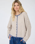 J.O.A STRIPE RAW EDGE BUTTON DOWN LONG SLEEVE CARDIGAN