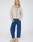 J.O.A STRIPE RAW EDGE BUTTON DOWN LONG SLEEVE CARDIGAN