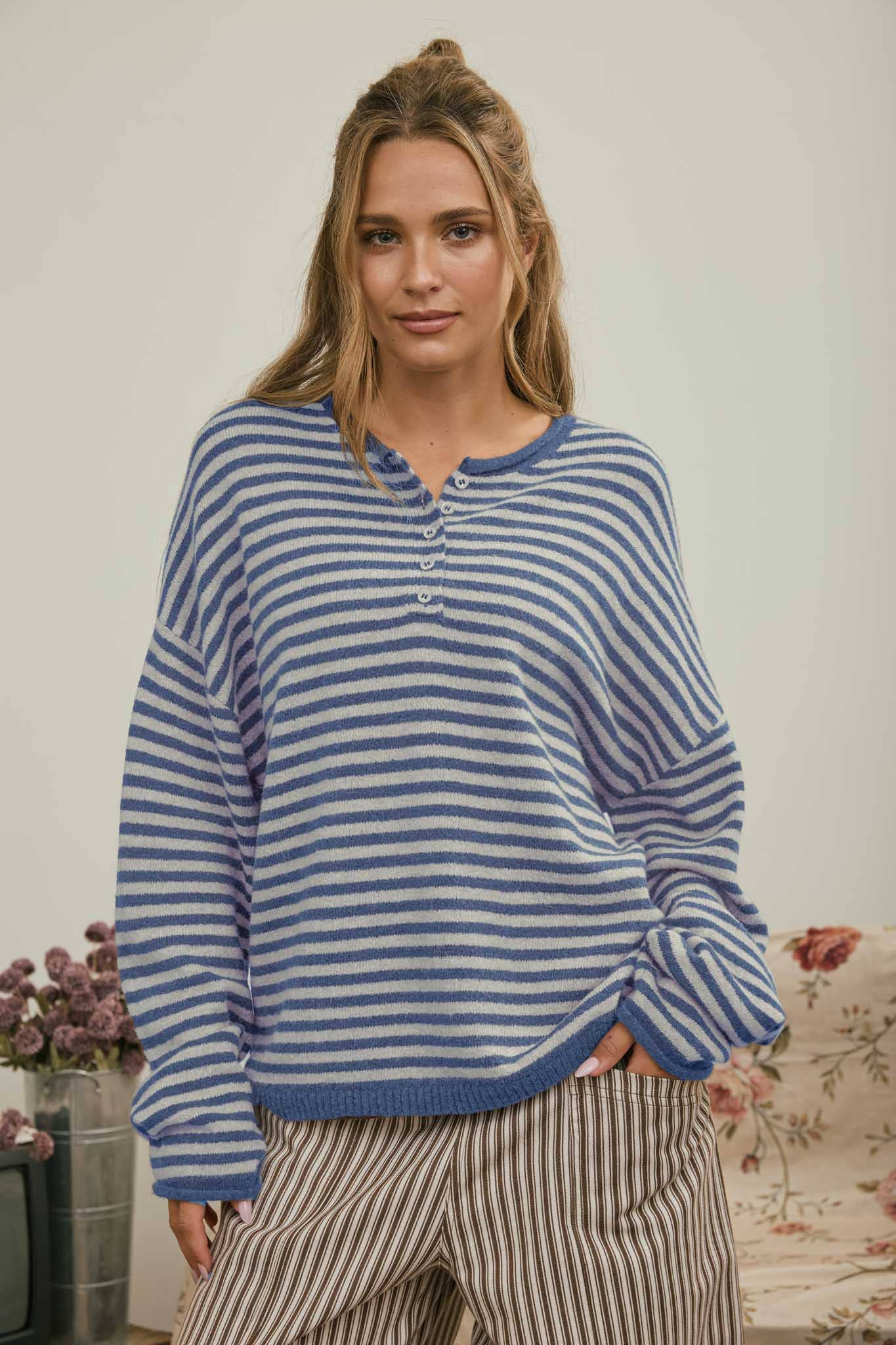 J.O.A Sweater BLUE BUTTON HENLEY STRIPE LONG SLEEVE DROP SHOULDER SWEATER