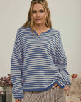 J.O.A Sweater BLUE BUTTON HENLEY STRIPE LONG SLEEVE DROP SHOULDER SWEATER