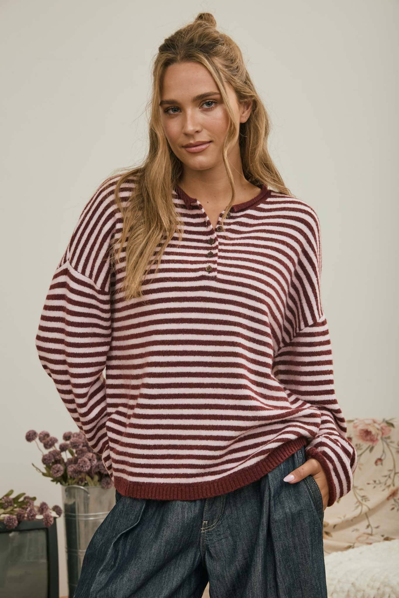 J.O.A Sweater BURGUNDY BUTTON HENLEY STRIPE LONG SLEEVE DROP SHOULDER SWEATER